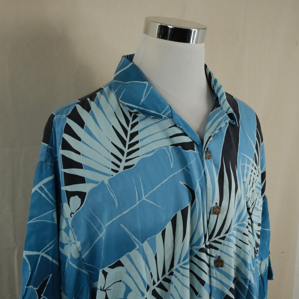 Tommy Bahama XXL Hawaiian Aloha Shirt Blue Tropical Palm Leaf 100% Silk Mens